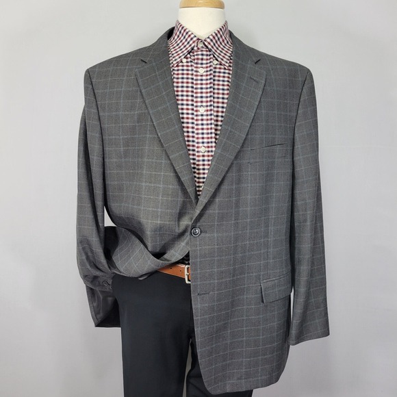Haggar Men's Sport‎ Coat Blazer Two Button Gray Herringbone Plaid Poly Blend 50L